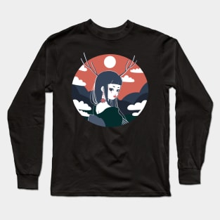 Cute Geisha Design ‚Under the Red Moon‘ | Kawaii Gifts | Handmade Illustration | By Atelier Serakara Long Sleeve T-Shirt